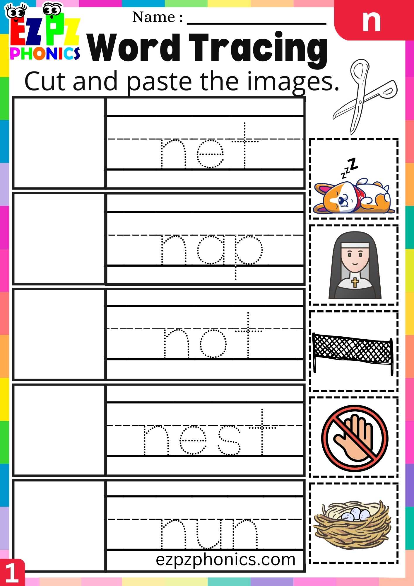 Letter N Word Tracing Beginning Sounds Worksheet